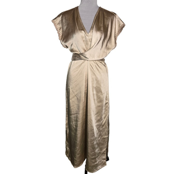 Hem & Thread Champagne Satin Wrap Midi Dress Small NWT Party Wedding Cocktail - Picture 2 of 8